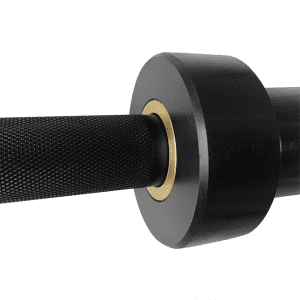 Strength Training Equipment- (300*300)- Close profile view of the 220cm Black zinc coated olympic bar with sleeve, collar and shaft visible with knurling