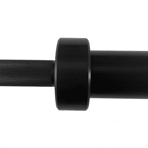 Strength Training Equipment- (300*300)- Close side view of the 220cm Black zinc coated olympic bar with sleeve, collar and shaft visible with knurling