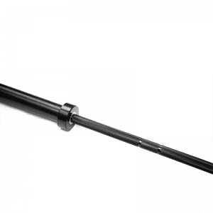 Strength Training Equipment- (300*300)- Partially cropped profile view of the 220cm Black zinc coated olympic bar with sleeve, collar and shaft visible with knurling and knurl marks visible