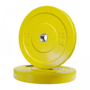 Strength Training Equipment- A pair of 15KG Colourful Rubber Bumper Plates (Yellow Colour), one flat and the other placed vertically on top