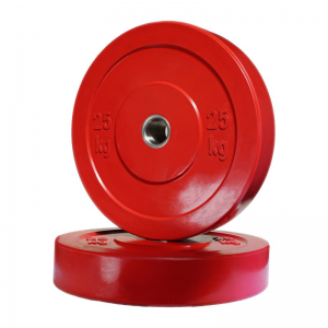 Strength Training Equipment- A Pair of 25KG Colourful Rubber bumper plates (Red), one flat and the other vertically placed on top
