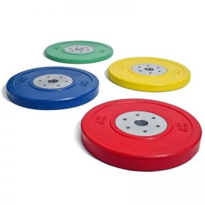 Strength Training Equipment- 4 Competition bumper plate set of weights 10KG, 15KG, 20KG, 25KG with colours green, yellow, blue, red respectively