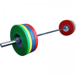 Strength Training Equipment- Olympic Barbel loaded with 4 Competition bumper plate set of colours green, yellow, blue, red on both sides