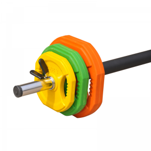 Strength Training Equipment- (300*300)- Cropped view of the Studio Pump Weight Set with 3 weight plates attached on the barbell