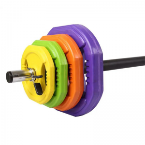 Strength Training Equipment- (300*300)- Cropped view of the Studio Pump Weight Set with 4 weight plates attached on the barbell
