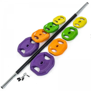 Strength Training Equipment- (300*300)- Profile view of the Studio Pump Weight Set with 4 pairs of weight plates beside the barbell and support lock