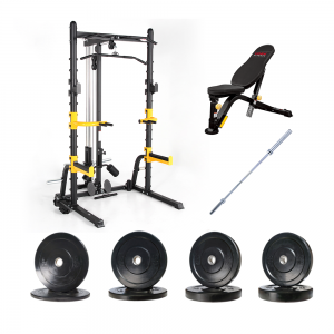 Strength Training Equipment- Premium Half Rack with Lateral bar+Bench+100KG Weights Plates+2.2M Barbell