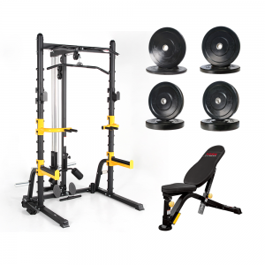 Strength Training Equipment- Premium Half Rack with Lateral Bar+Bench+100KG Weights Plates
