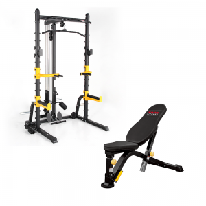 Strength Training Equipment- Premium Half Rack with lateral bar+ York Fitness Weight Bench
