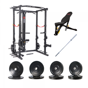 Strength Training Equipment- Light Commercial Power Cage with lateral bar+Bench+100KG Weight Plates+2.2M Barbell