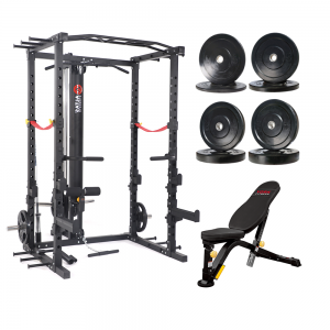 Strength Training Equipment- Light Commercial Power Cage with Lateral Bar+Bench+100KG Weight Plates