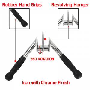 Gym Accessories- (300*300)- 3 Features of the Revolving V-Shaped Press Down Bar indicated with text and seperate zoomed-in images