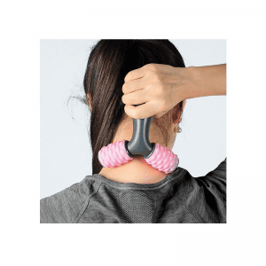 Gym Accessories- View of a woman using the Y-Shaped Massage roller on the rear side of the neck