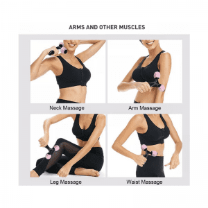 Gym Accessories- 4 representations of Y-Shaped Massage roller in use detailing a Woman massaging Neck, Arm, Leg and waist in each 4