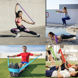 Weight Lifting Accessories- Unevenly Split image of 4 parts consisting images depicting various exercises performed using the Flat Resistance Bands in each