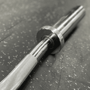 Strength Training Equipment- (300*300)- Close profile view of the knurling and sleeve of the 120cm Chrome Olympic Curl Bar