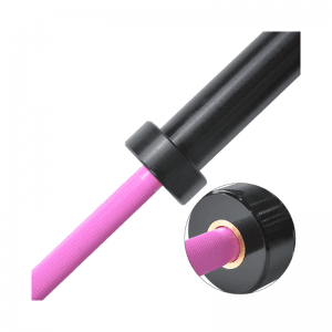 Strength Training Equipment- (300*300)- Close view of the knurling and sleeve of the 20KG Pink Olympic Bar with zoomed-in view of the bearing part of the bar