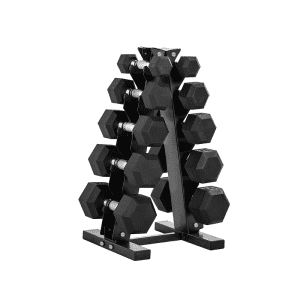 Strength Training Equipment- (300*300)- Profile view of the 5 Pair- Dumbbell Storage Stand with 5 pairs of dumbbells