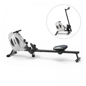 Cardio Equipment- Magnetic Resistance Rowing Machine in active position along with smaller image showing folded form