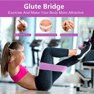 Weightlifting Accessories- (300*300) Image- Product Description image of the Purple Resistance Hip Band with a woman in yoga outfit performing an exercise using the band along with 3 circular images of the hip, belly and leg and a circular text box indicating the benefits to each body area