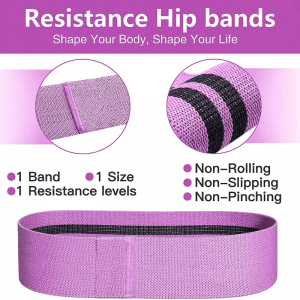 Weightlifting Accessories- (300*300) Image- Product Description image of the Purple Resistance Hip Band (Shown on the lower side) with 2 circular zoomed in views: 1 showing the seam of the band with 3 bulleted text indicating basic features and the other the anti-slip texture along with 3 bulleted text showing the benefits of the texture
