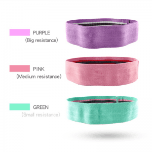 Weightlifting Accessories- (300*300) Image- Purple, Pink and Green Hip resistance bands in a vertical array along with equivalent colour swatches with name of colour and corresponding resistance level: Purple-"Big Resistance", Pink-"Medium Resistance", Green-"Small Resistance"