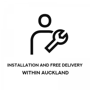 Simple vector graphic of a man with spanner and text reading "Installation and Free Delivery within Auckland"