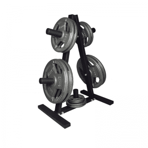 Strength Training Equipment- (300*300)- Black Olympic Weight Tree with 5 pairs of different weight plates stacked on each weight holder