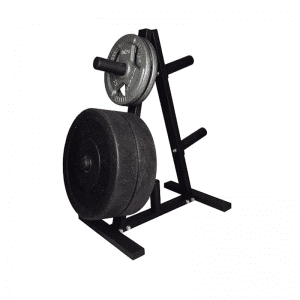 Strength Training Equipment- (300*300)- Black Olympic Weight Tree with 2 large Weight plates and 2 small weight plates attached on one side