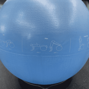 Yoga Product- (300*300)- Close view of the Premium Swiss Ball (Blue) with 3 exercise llustrations visble on product