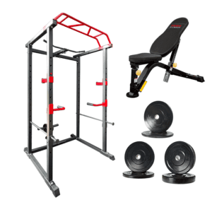 Strength Training Equipment- Power Cage with Lateral Bar+ Bench+ 70KG weights plates in white background
