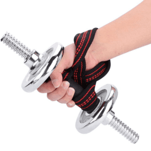 Lifting small dumbbell from Figure 8 weight lifting straps in hand