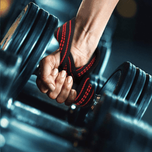 Lifting dumbbell from Figure 8 weight lifting straps in hand