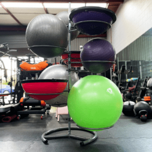 Gym balls in storage rack