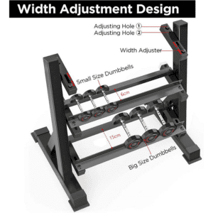 Width adjustment design for a dumbbell rack