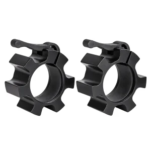Pair of black 50 mm aluminium barbell collars with locking levers and rubber-lined openings.