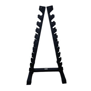 ClimbFit vertical dumbbell rack holding 10 pairs of hex dumbbells in a gym