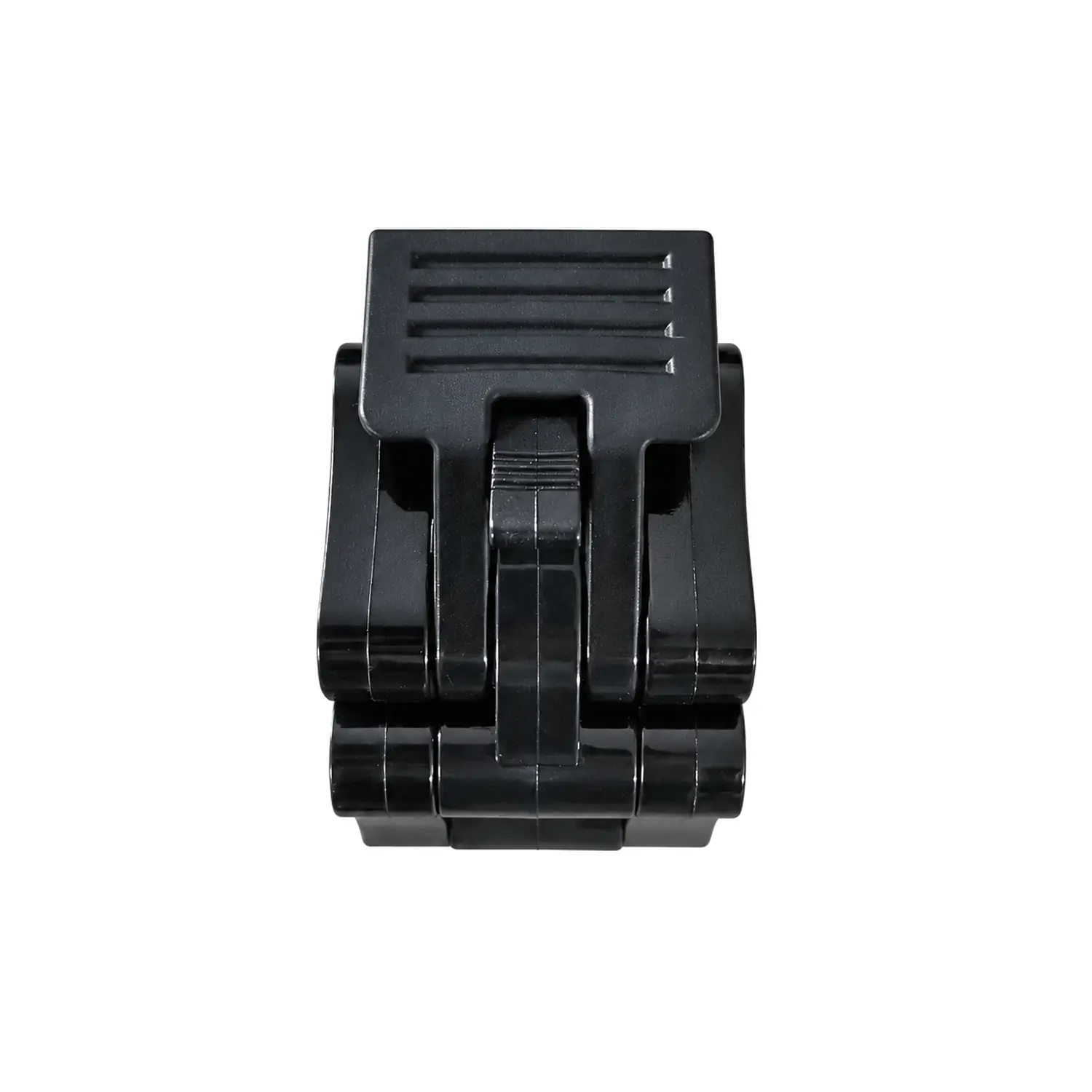 Side view of a black barbell collar showing the ridged lever tab and central latch mechanism.