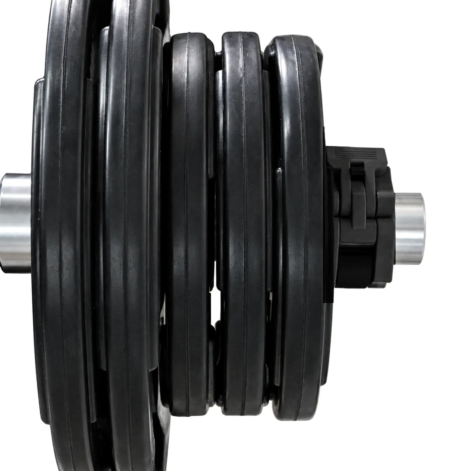 Black quick-release barbell collar securing weight plates on a silver barbell sleeve.