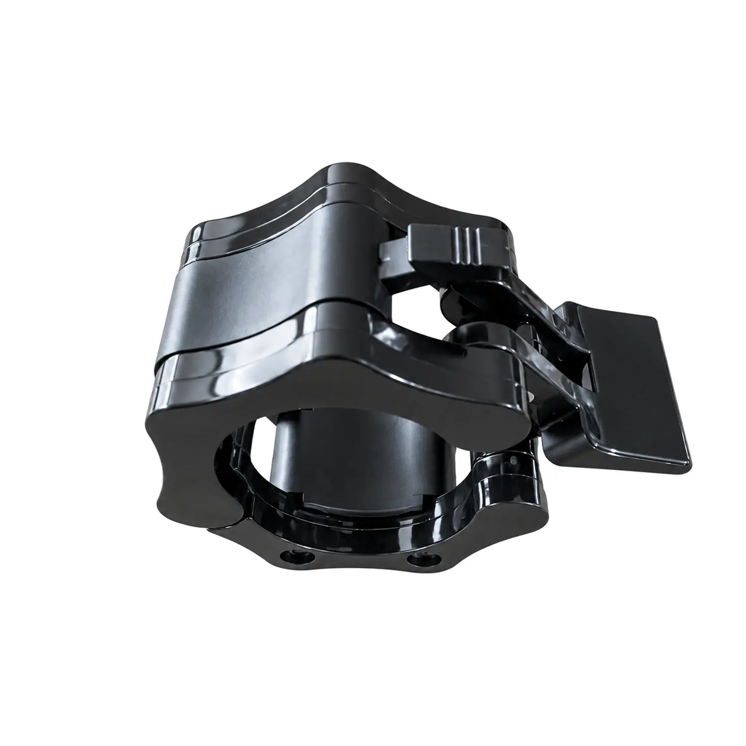 Angled close-up of a black barbell collar with its lever open and inner gripping surface visible.