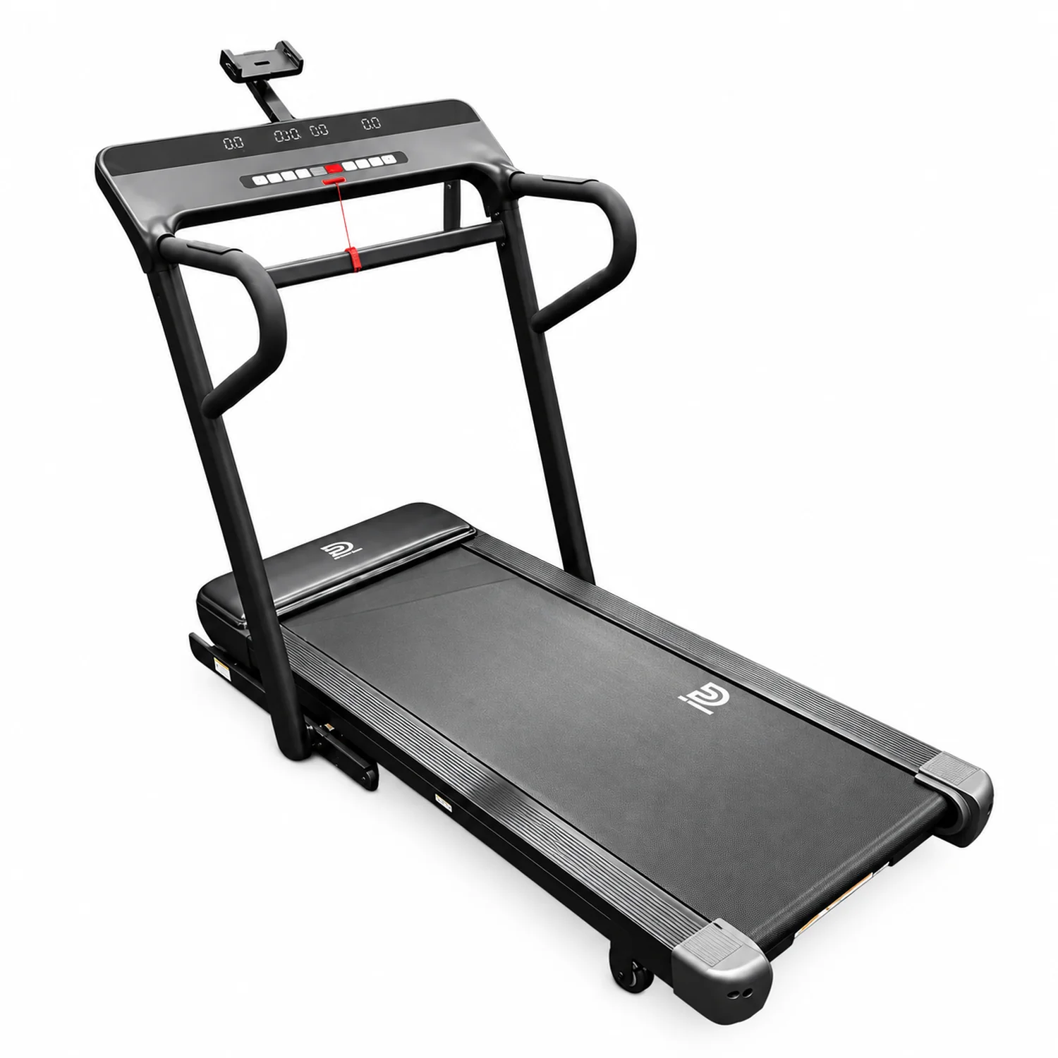 DB Fitness DB-2009 folding treadmill with handrails and digital display on white background