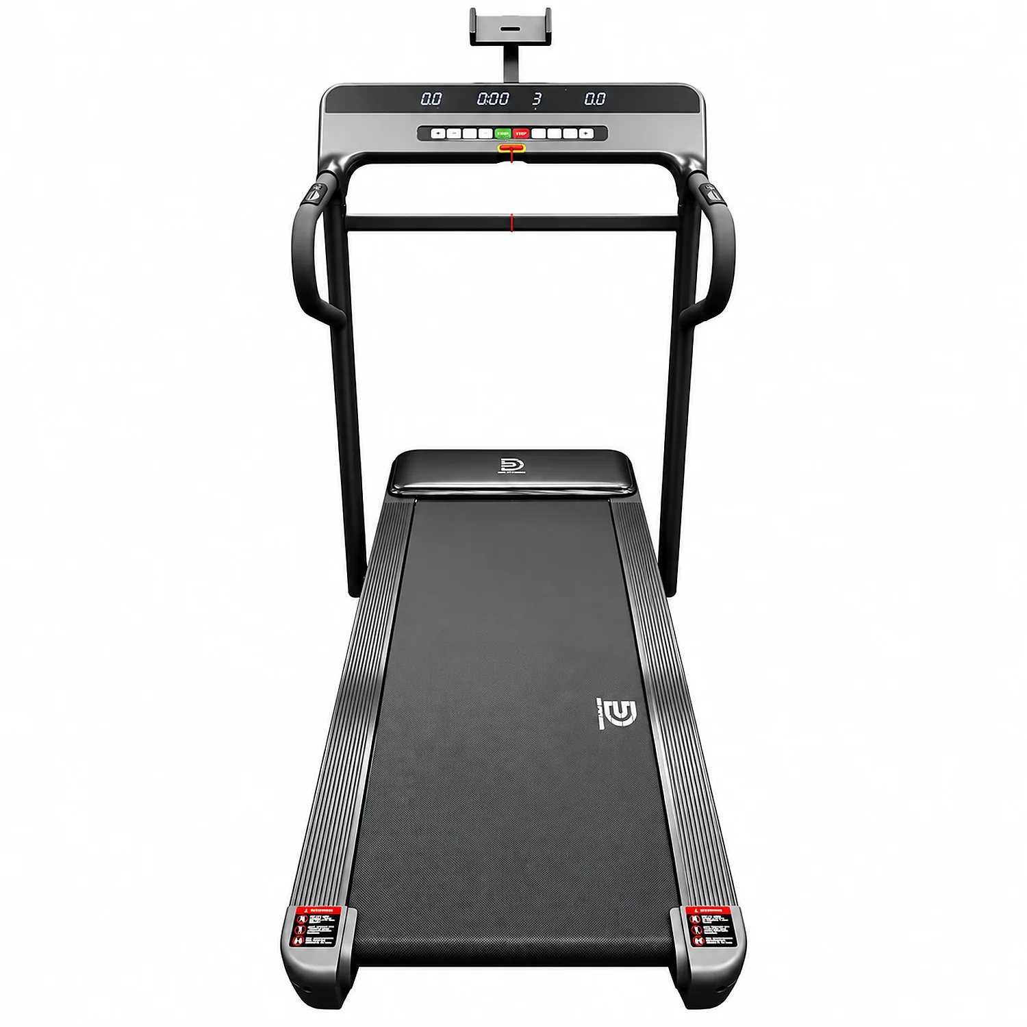 DB Fitness DB-2009 folding treadmill front view with handrails and digital display