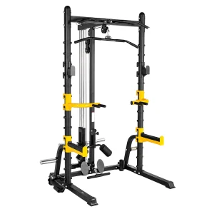 DB-4003 versatile half rack with yellow dip handles, safety arms, lat pulldown and low-row footplates.