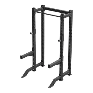 DB Fitness DB-6020 black half rack with a pull-up bar, adjustable J-hooks, safety spotter arms and angled front stabilizer feet.