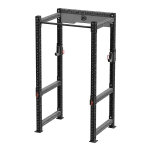 DB Fitness DB-6030 power rack with black uprights, a grey DB Fitness logo panel, pull-up bar, J-hooks and safety bars.