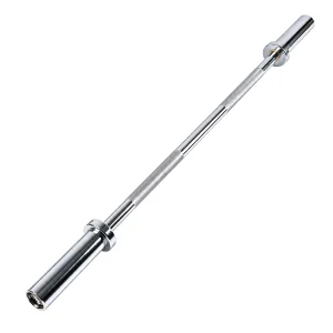 DB Fitness 120 cm chrome straight barbell with knurled grip sections and loading sleeves, shown diagonally.