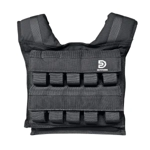 DB Fitness 20 kg weighted vest in black with multiple weight pockets and adjustable shoulder straps on a white background