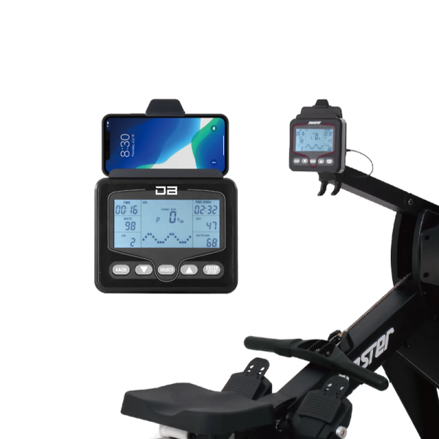 DB Fitness air rower LCD performance monitor with phone holder and workout data display
