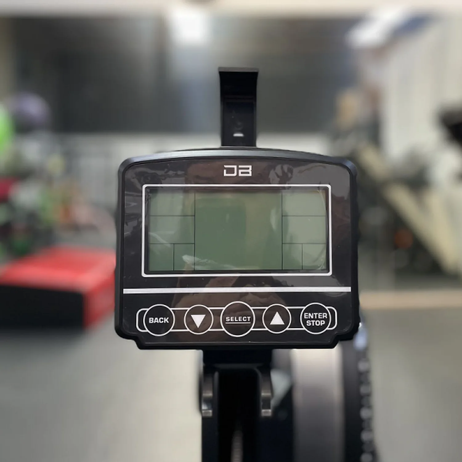 DB Fitness air rower performance monitor with LCD screen and workout control buttons
