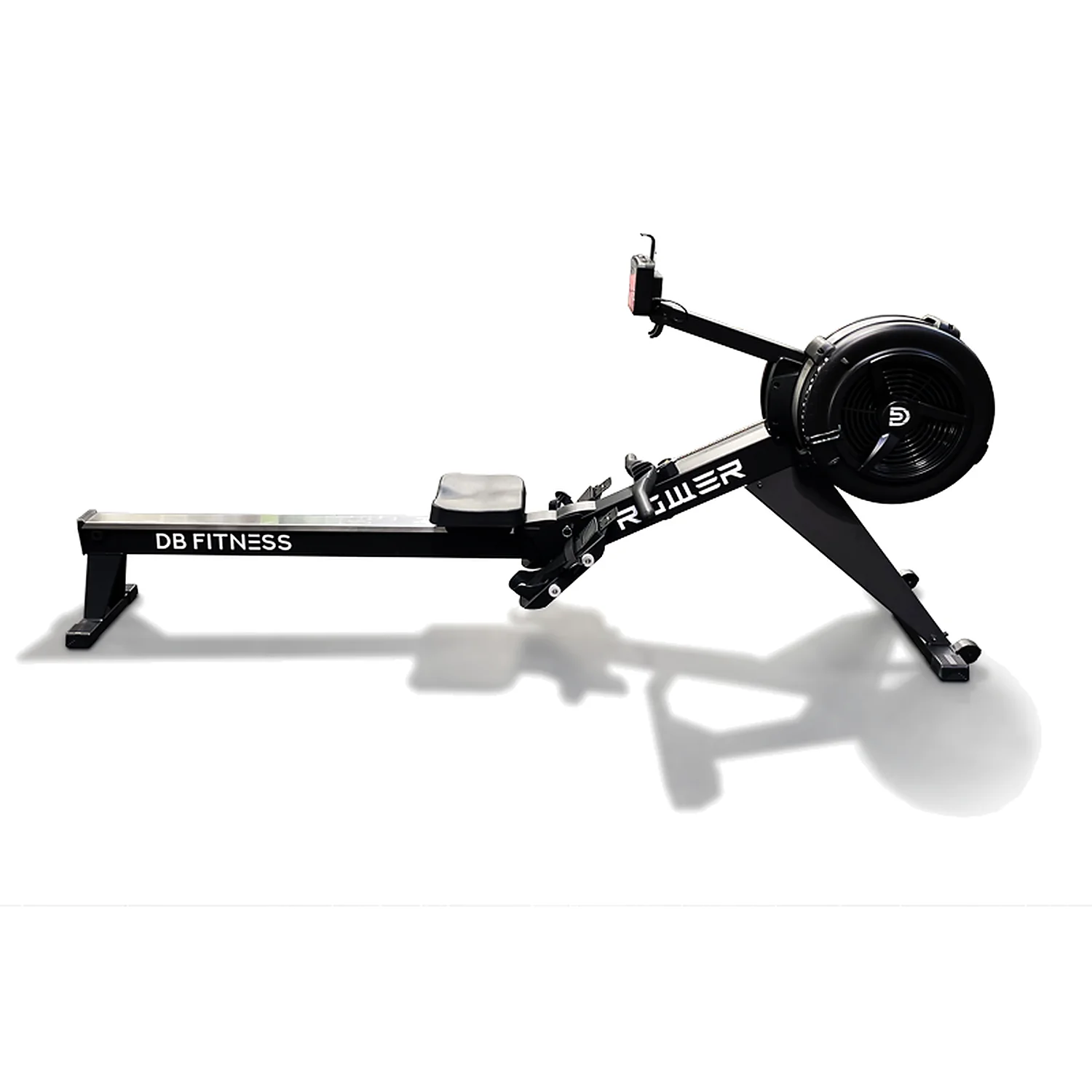 DB Fitness air rower side view with fan resistance, sliding seat and performance monitor on a white background